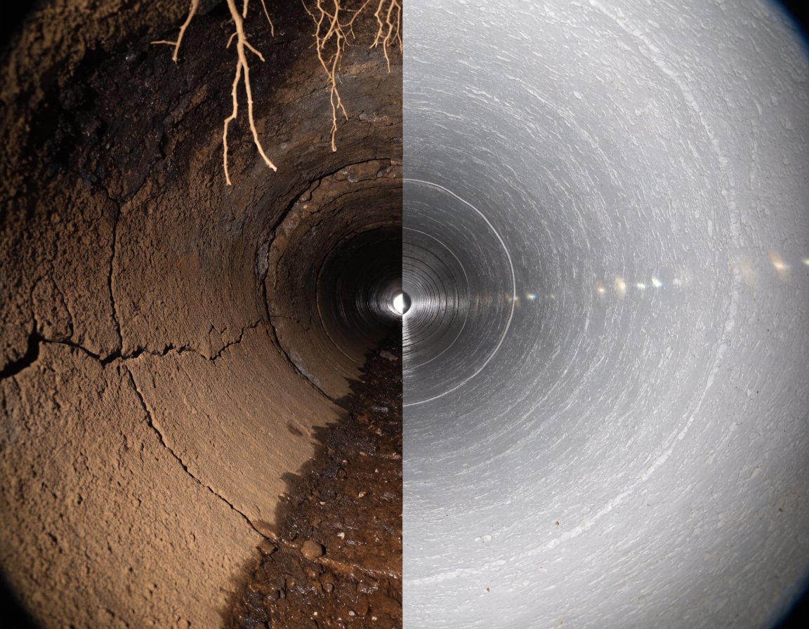 Before and after: a cracked, root-damaged earthenware drain on the left and the same pipe with a new smooth liner on the right