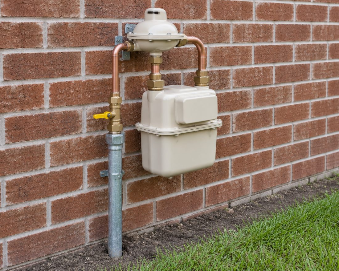 A cream Queensland residential gas meter and regulator with copper pipework on a red brick wall