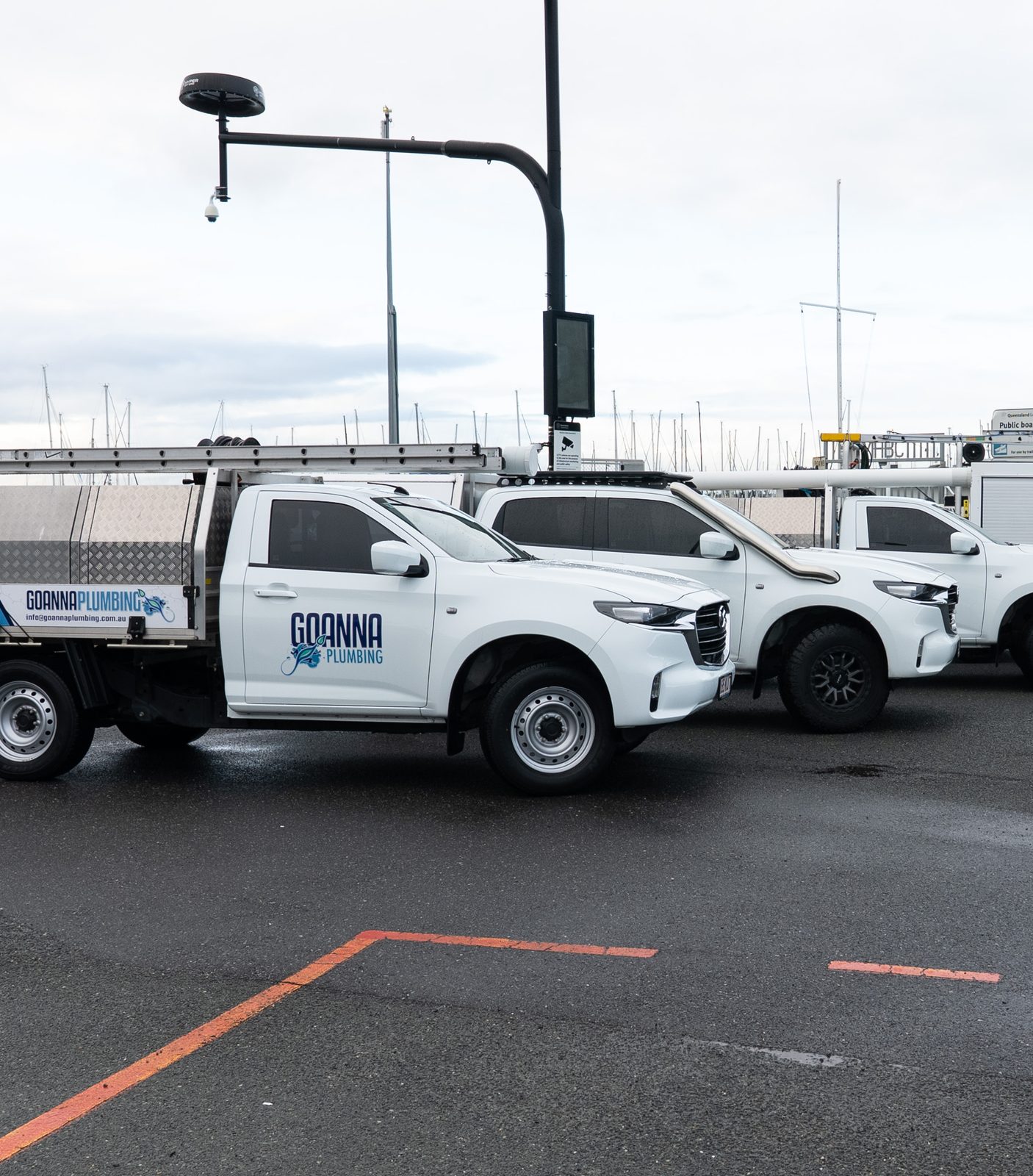 The Goanna Plumbing fleet of branded utes and service truck lined up at Manly Harbour