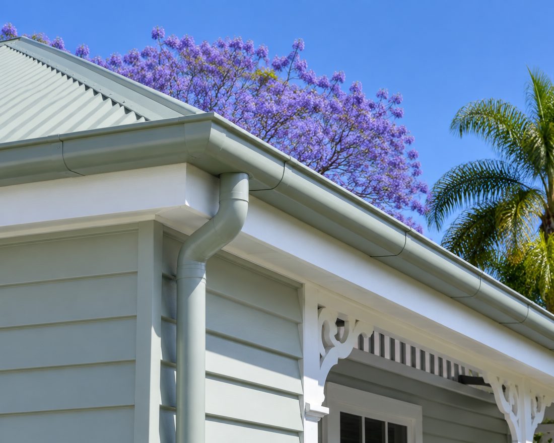 Guttering and a downpipe on the corrugated iron roof of a Brisbane Queenslander